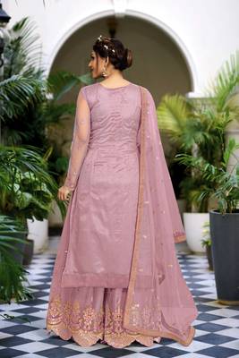 Peach Net Embroidery Sharara Suit with Dupatta 3 Pieces Salwar Kameez Set  2