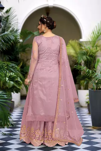 Trendmalls Peach Net Embroidery Sharara Suit with Dupatta 3 Pieces Salwar Kameez Set 