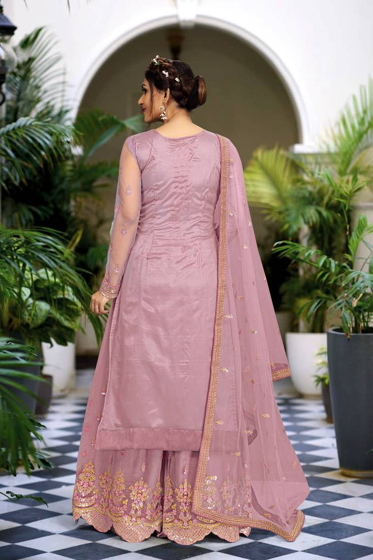 Peach Net Embroidery Sharara Suit with Dupatta 3 Pieces Salwar Kameez Set 