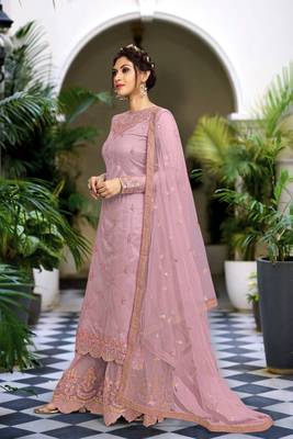 Peach Net Embroidery Sharara Suit with Dupatta 3 Pieces Salwar Kameez Set  3