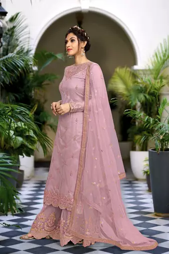 Trendmalls Peach Net Embroidery Sharara Suit with Dupatta 3 Pieces Salwar Kameez Set 