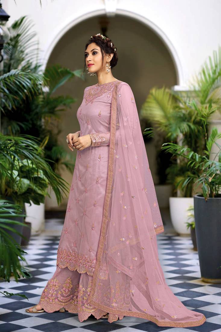 Peach Net Embroidery Sharara Suit with Dupatta 3 Pieces Salwar Kameez Set 