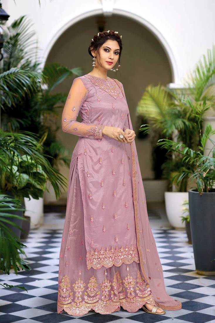 Peach Net Embroidery Sharara Suit with Dupatta 3 Pieces Salwar Kameez Set 