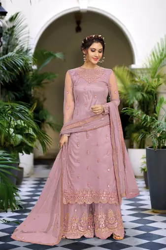 Trendmalls Peach Net Embroidery Sharara Suit with Dupatta 3 Pieces Salwar Kameez Set 