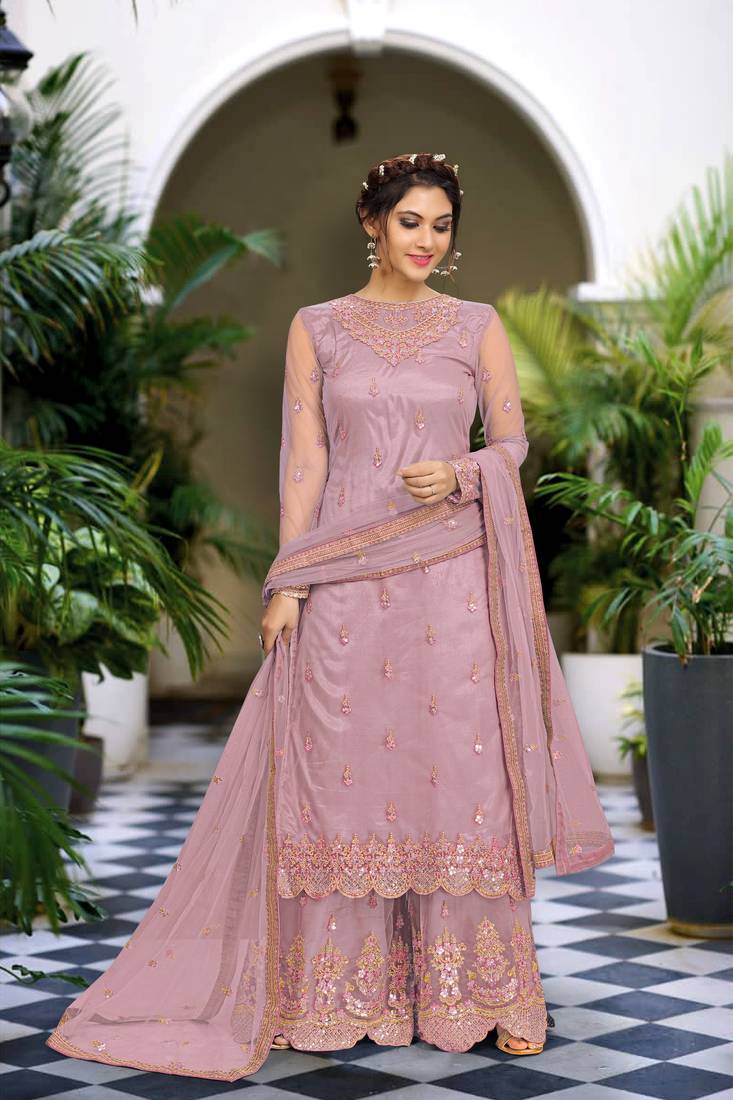 Peach Net Embroidery Sharara Suit with Dupatta 3 Pieces Salwar Kameez Set 