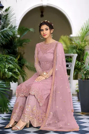 Trendmalls Peach Net Embroidery Sharara Suit with Dupatta 3 Pieces Salwar Kameez Set 