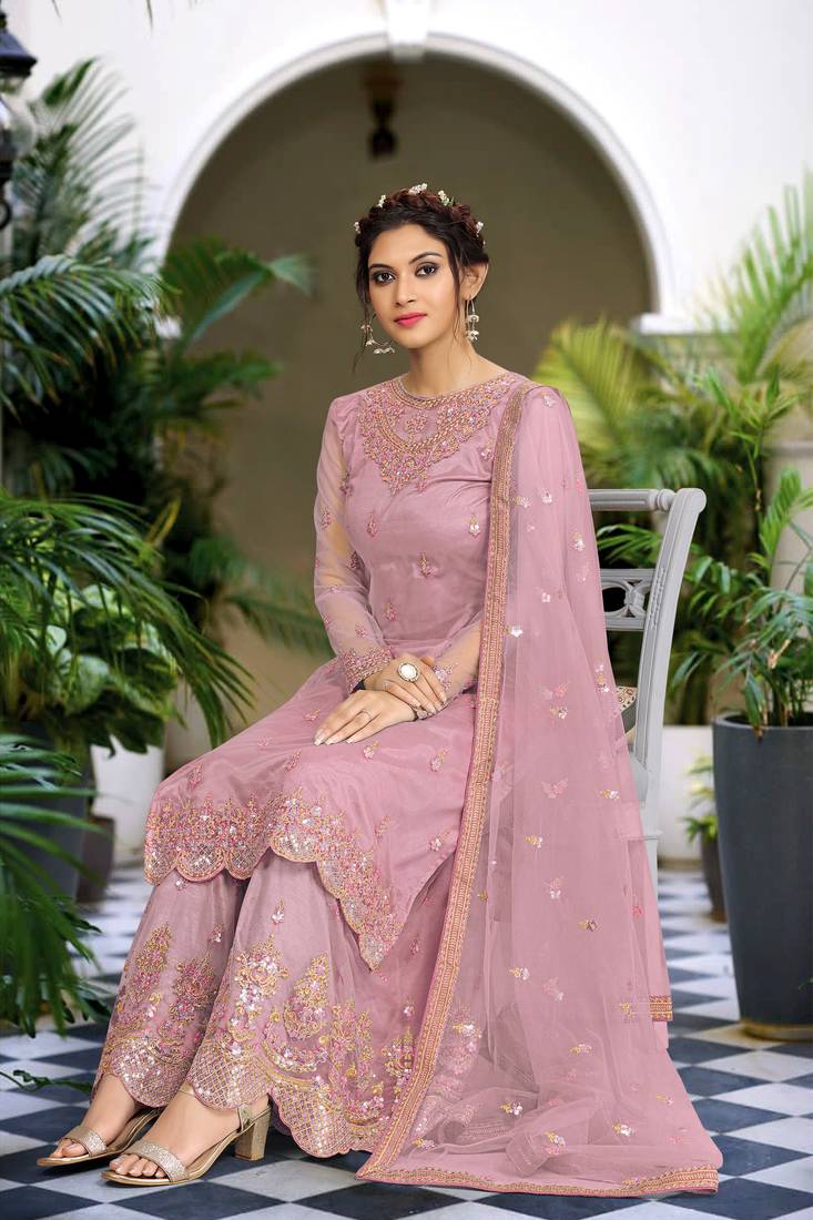 Peach Net Embroidery Sharara Suit with Dupatta 3 Pieces Salwar Kameez Set 