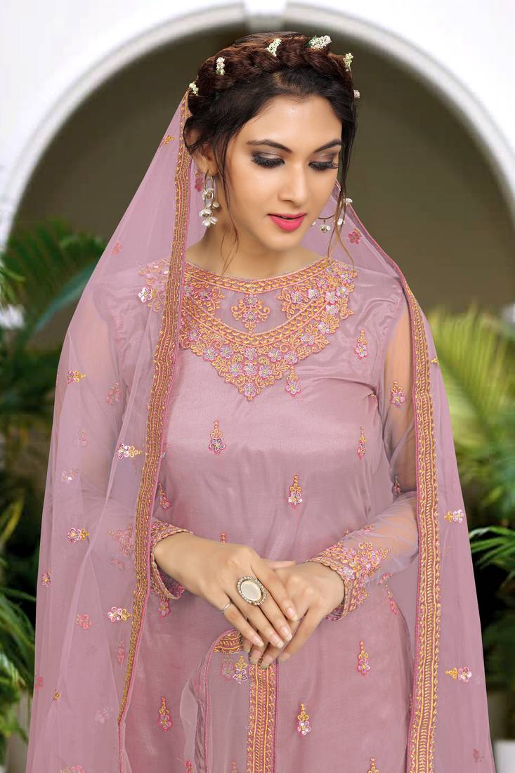 Peach Net Embroidery Sharara Suit with Dupatta 3 Pieces Salwar Kameez Set 