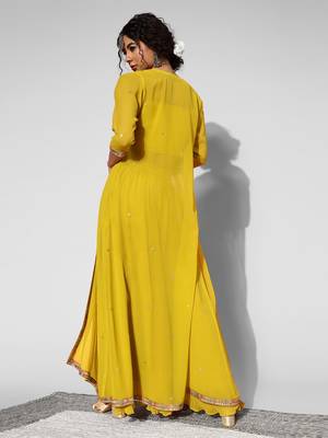 Trendmalls Yellow Faux Georgette Embroidered Party Wear Salwar Suits with Palazzo 3