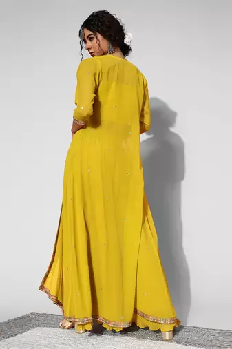 Trendmalls Yellow Faux Georgette Embroidered Party Wear Salwar Suits with Palazzo