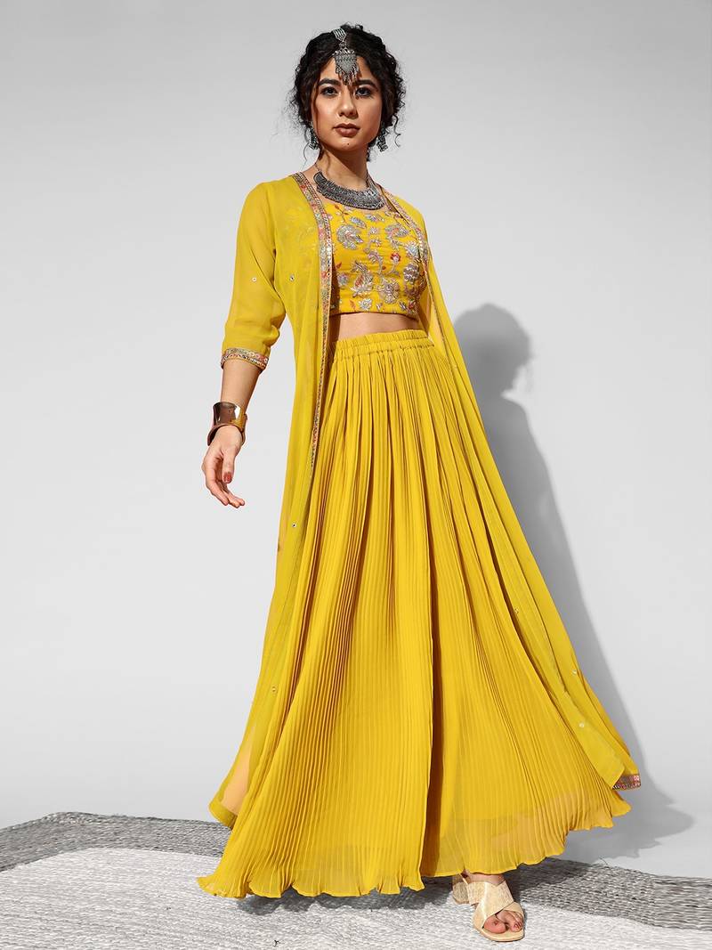 Yellow Faux Georgette Embroidered Party Wear Salwar Suits with Palazzo