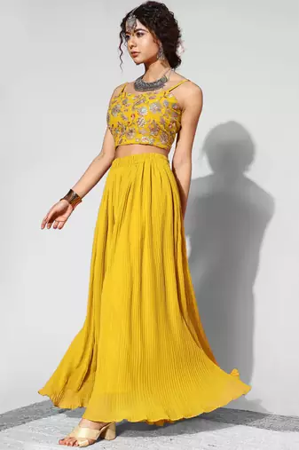 Trendmalls Yellow Faux Georgette Embroidered Party Wear Salwar Suits with Palazzo
