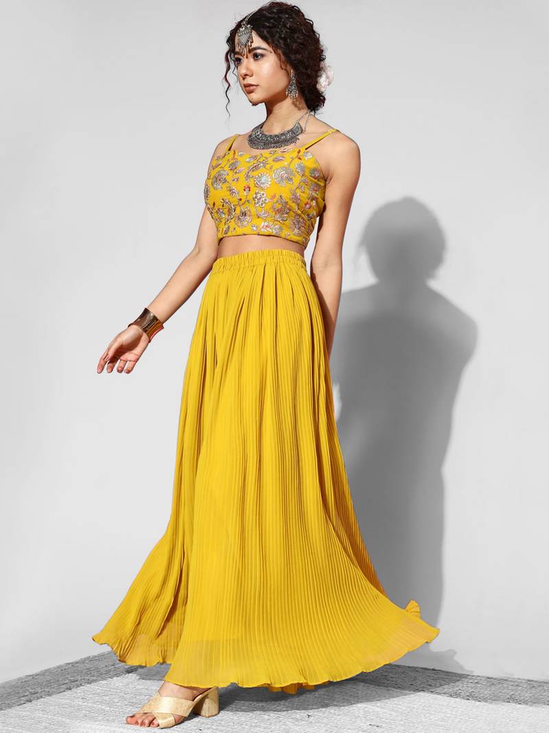 Yellow Faux Georgette Embroidered Party Wear Salwar Suits with Palazzo