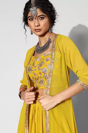 Trendmalls Yellow Faux Georgette Embroidered Party Wear Salwar Suits with Palazzo