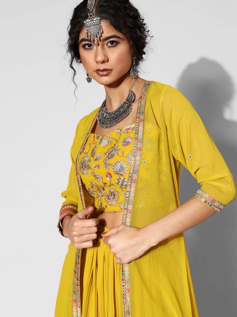 Yellow Faux Georgette Embroidered Party Wear Salwar Suits with Palazzo