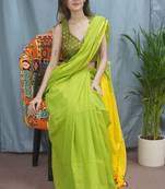 Parrot green mulmul cotton saree with tassels  for womens and girls