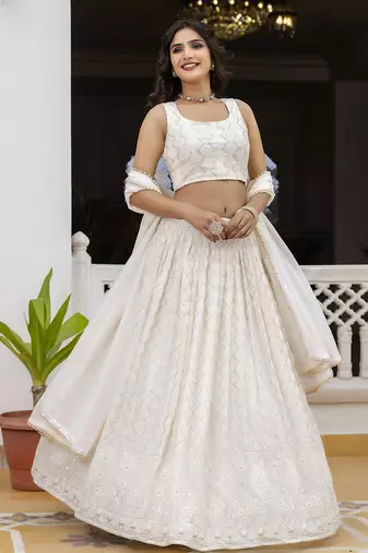 White Georgette Sequin Embroidered Lehenga Choli for Women
