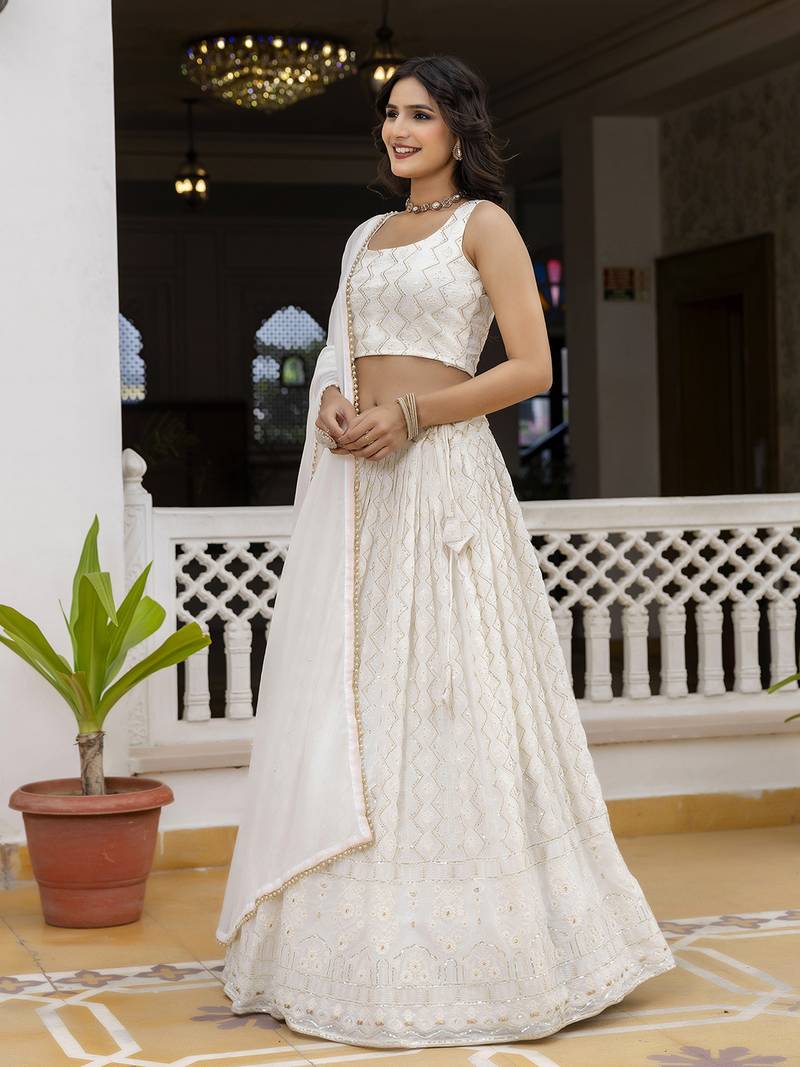 White Georgette Sequin Embroidered Lehenga Choli for Women