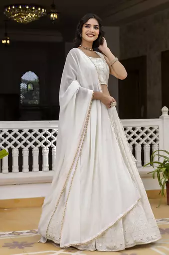 White Georgette Sequin Embroidered Lehenga Choli for Women