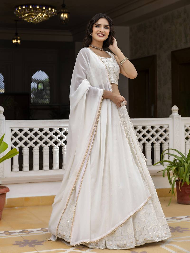 White Georgette Sequin Embroidered Lehenga Choli for Women