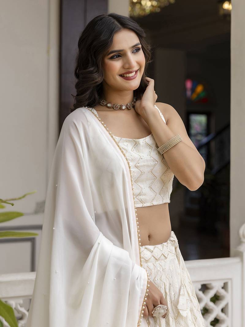 White Georgette Sequin Embroidered Lehenga Choli for Women
