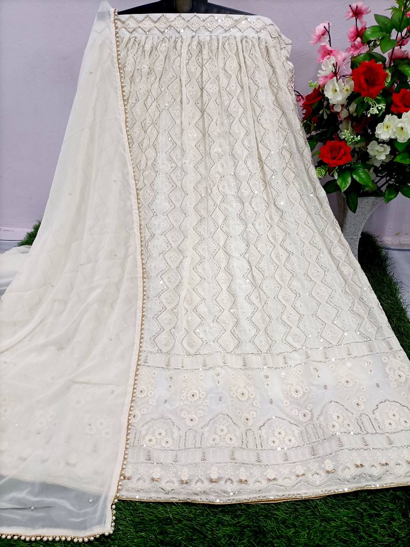White Georgette Sequin Embroidered Lehenga Choli for Women