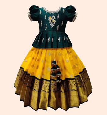 Art Silk Jacquard Printed Green and Yellow Kids Pattu Pavadai  1