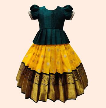 Art Silk Jacquard Printed Green and Yellow Kids Pattu Pavadai  2