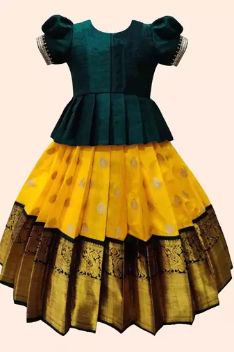 Art Silk Jacquard Printed Green and Yellow Kids Pattu Pavadai 