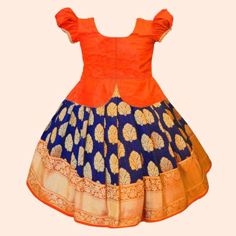 White Button New Orange south Indian traditional pattu pavadai Jecquard Lehenga choli for girls dress