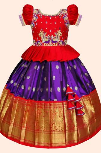 Red & Purple Kanjivaram Silk Pattu Pavadai for Girls