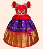 Red & Purple Kanjivaram Silk Pattu Pavadai for Girls