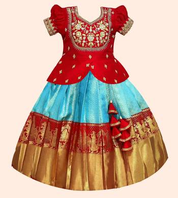Regal Red & Blue Designer Pavadai Set for Girls 1