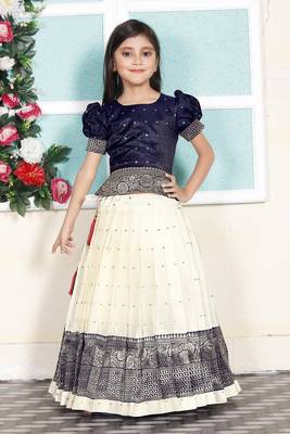 Midnight Blue Silver Thread Work Pattu Pavadai for Girls 1
