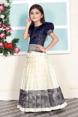 Midnight Blue Silver Thread Work Pattu Pavadai for Girls 2