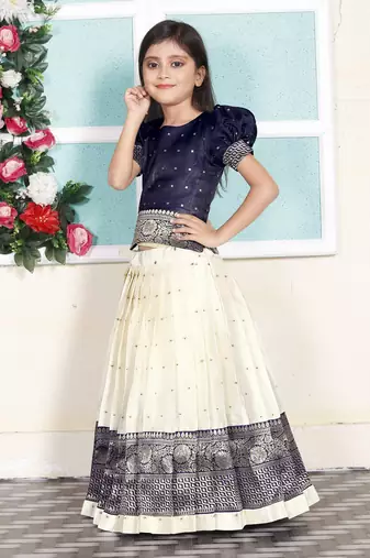 Midnight Blue Silver Thread Work Pattu Pavadai for Girls