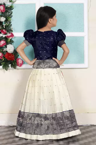 Midnight Blue Silver Thread Work Pattu Pavadai for Girls