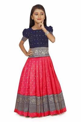 Kids Rani Pink New south Indian traditional pattu pavadai Lehenga choli for girls dress 1