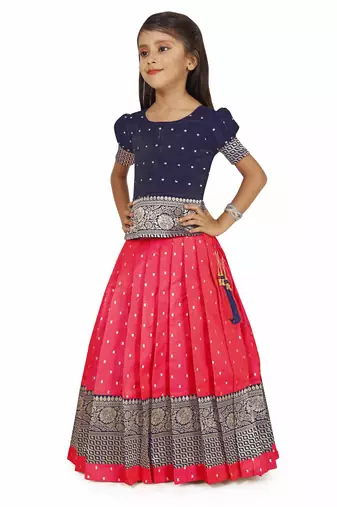 Kids Rani Pink New south Indian traditional pattu pavadai Lehenga choli for girls dress