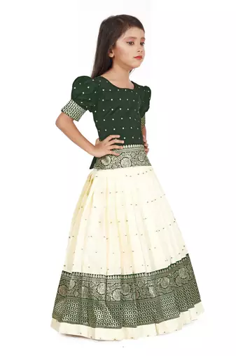 Kids White New south Indian traditional pattu pavadai Jacquard Lehenga choli for girls dress