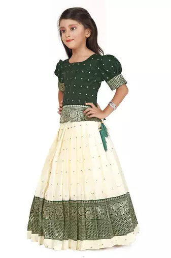 Kids White New south Indian traditional pattu pavadai Jacquard Lehenga choli for girls dress