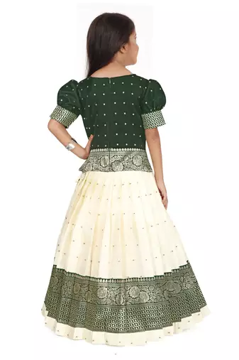 Kids White New south Indian traditional pattu pavadai Jacquard Lehenga choli for girls dress