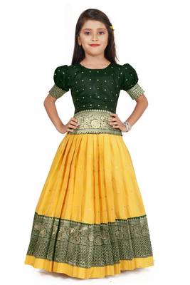 Kids Yellow New south Indian traditional pattu pavadai Jacquard Lehenga choli for girls dress 1