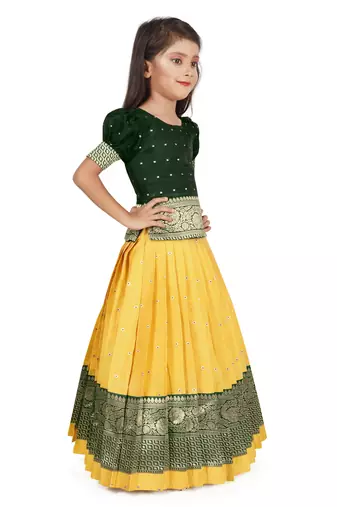 Kids Yellow New south Indian traditional pattu pavadai Jacquard Lehenga choli for girls dress