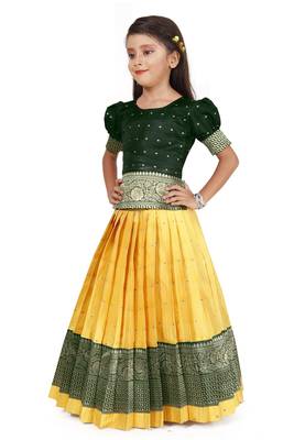 Kids Yellow New south Indian traditional pattu pavadai Jacquard Lehenga choli for girls dress 3