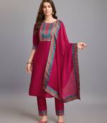  fuchsia pink chinon silk beads & stones ethnic motifs kurta with pant & dupatta