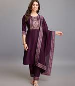  burgundy chinon silk gota patti floral print kurta with pant & dupatta