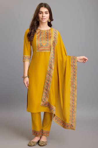  mustard chinon silk beads & stones floral print kurta with pant & dupatta