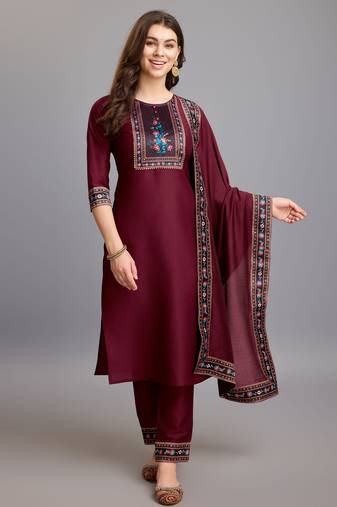 Mojilaa women's maroon chinon silk gota patti floral print kurta with pant & dupatta