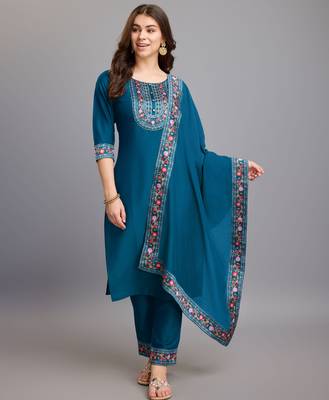 Mojilaa women's teal chinon silk gota patti floral print kurta with pant & dupatta 1